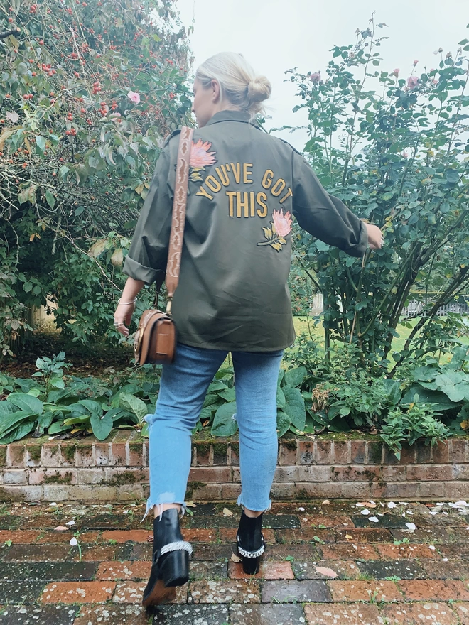 Khaki army jacket You've Got This embroidery