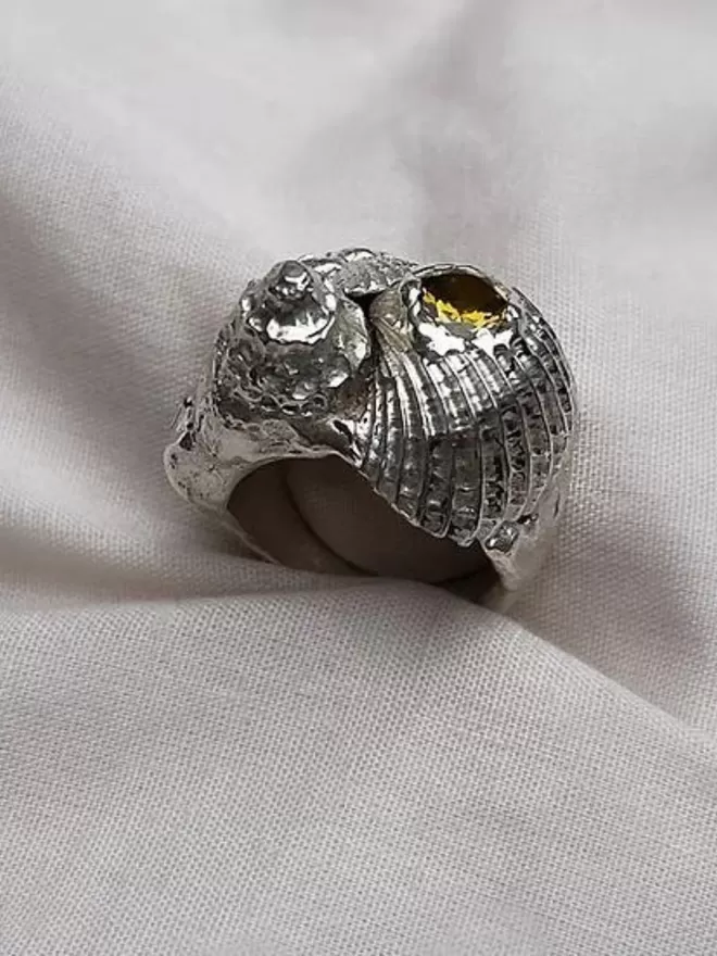 Sterling Silver Shell Ring With Amber Stone