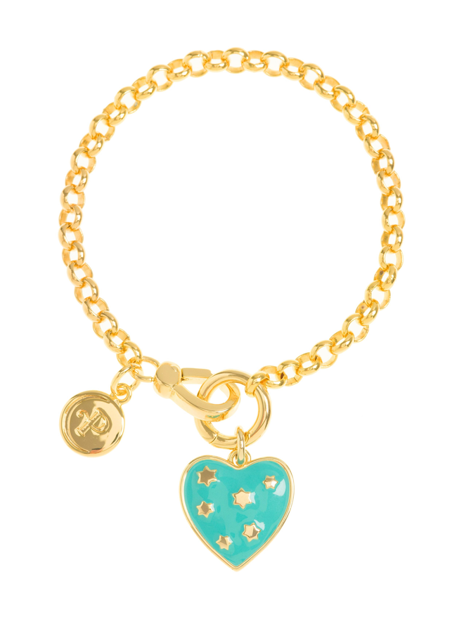 Gold belcher chain bracelet with a gold charm holder and a turquoise heart charm on a white background