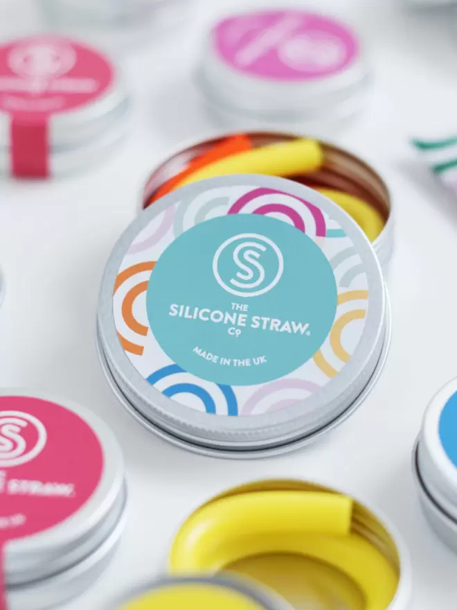 Straws from the silicone straw company and tin