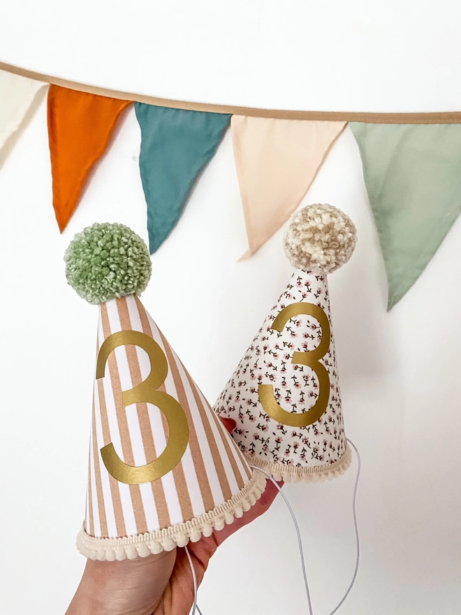 Caramel Striped and Cream Floral Party Hats with pom poms