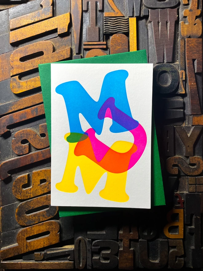 A letterpress print perfect for Mother's day. Printed on my 1915 Arab Crown Folio Press. Using vibrant cyan, magenta and yellow inks creates a striking overlay of colours using a deep impression print. Range of matching colours envelopes, green.