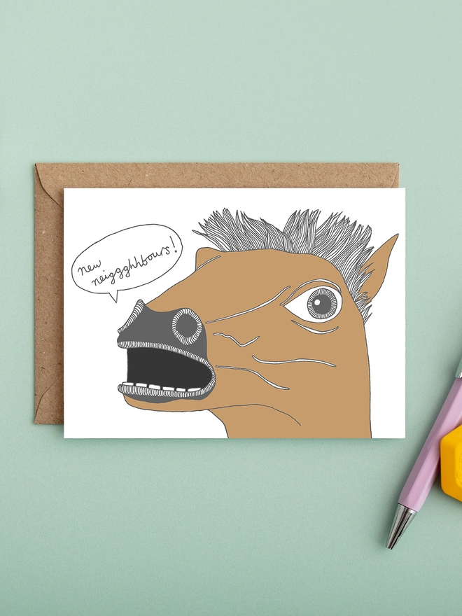 Funny new home or moving house card featuring a horses head