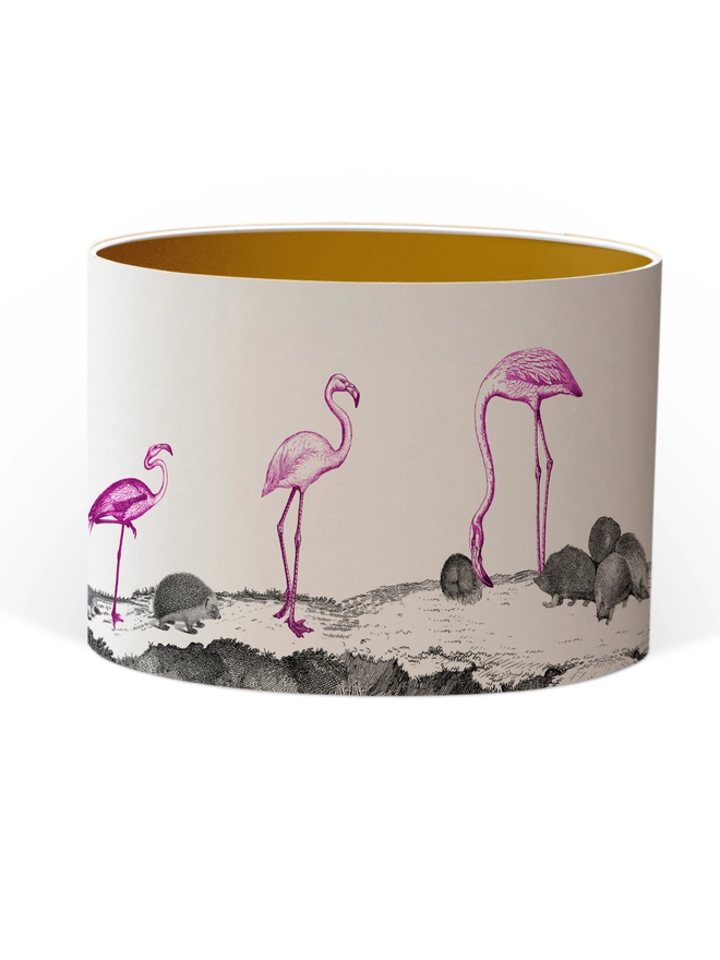 Drum Lampshade featuring pink flamingos and hedgehogs with a Gold inner on a white background