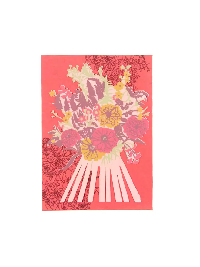 White cut-out shot: pink bouquet flower card and matching envelope