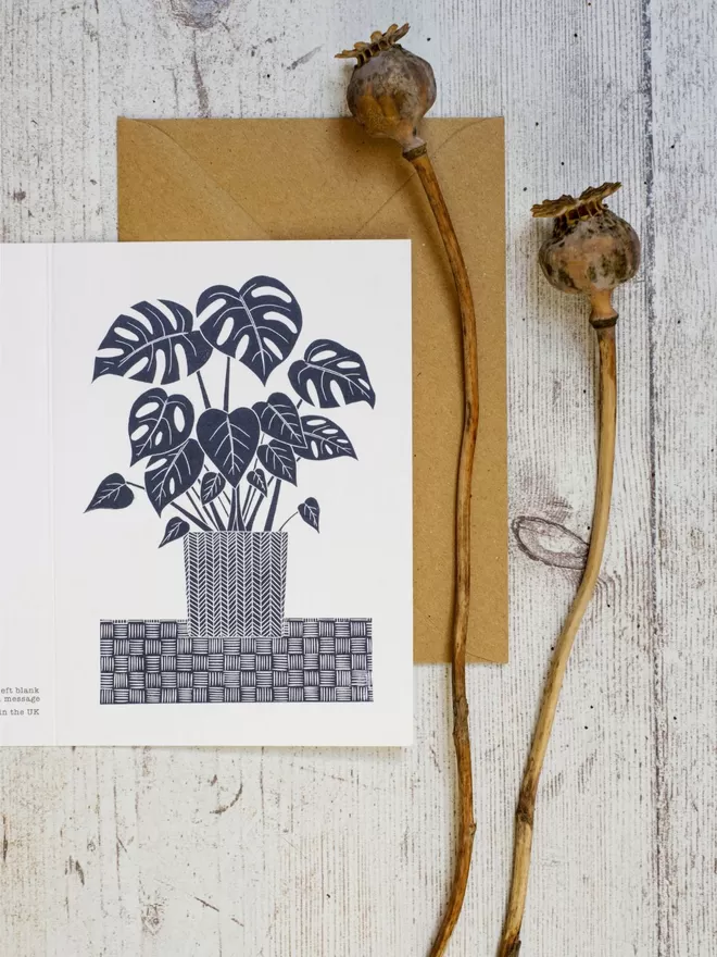Greeting Card with an image of a Monstera Houseplant, taken from an original lino print