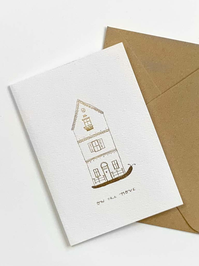 Snail Mail New House gold hot foiled Card. A6 with recycled kraft envelope