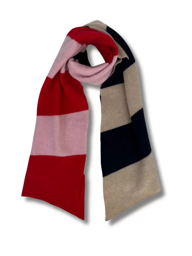 Red pink navy stripe scarf laying flat on a white background