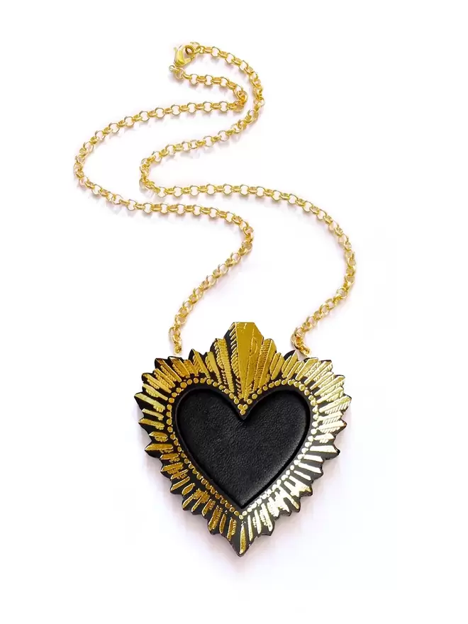 large gold & black sacred heart pendant necklace