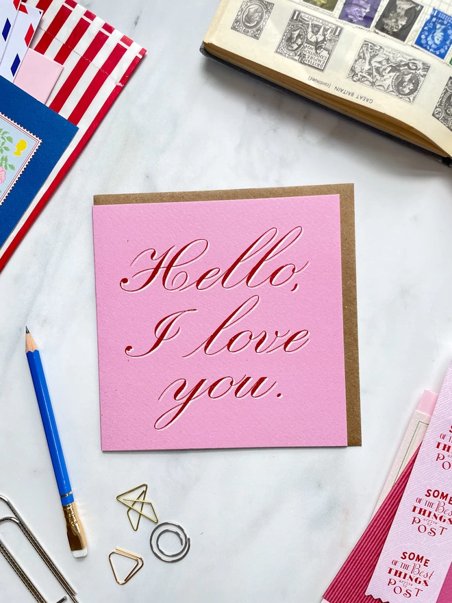 hello I love you, valentines day, wedding anniversary card in pink and red calligraphy style