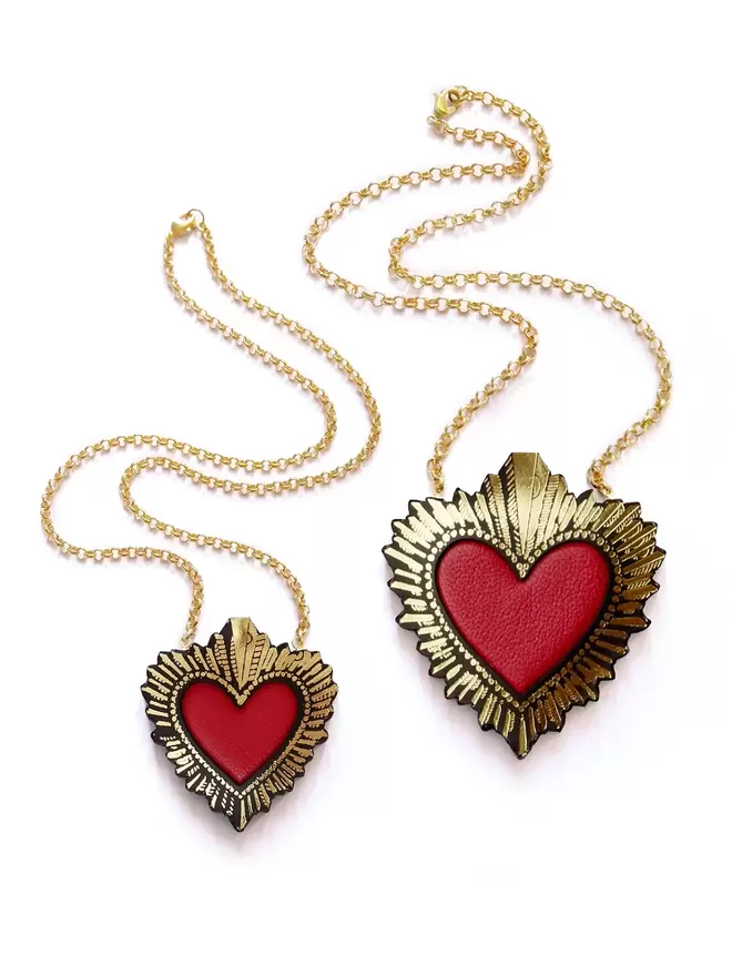 small & large red, gold & black sacred heart pendant necklace