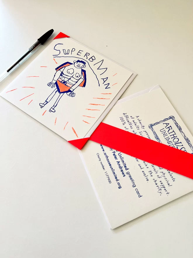 Superbman is a riso printed charity father's day card with a picture of a man in a cape