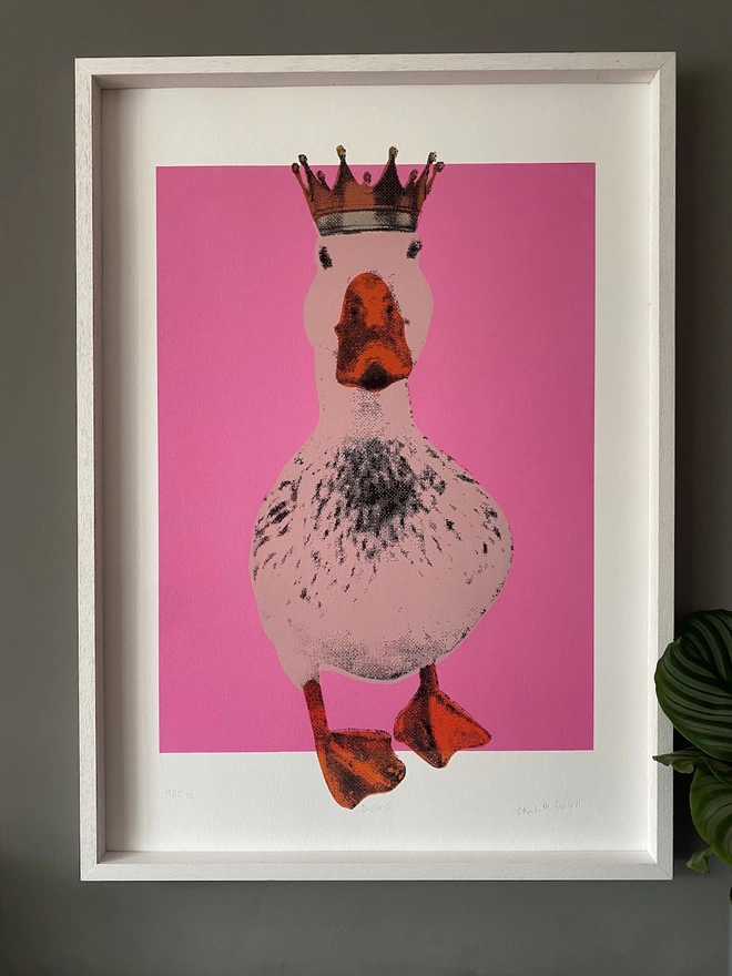 Duckess pink duck art print in situ 