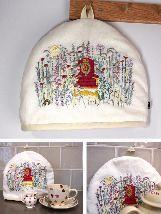 King Charles III Wildlife Embroidered Tea Cosy.  Using the finished embroidery a Tea Cosy can be made as shown here. Top Image shows Tea Cosy on a wall hook.  Below Left Image shows Tea Cosy with Large Teacup and Mini Milk jug for Scale.  Below Right Image is a Close-up next to a 4 cup teapot.