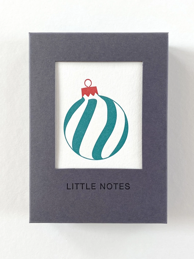 Bauble letterpress gift box includes eight different designs and nine envelopes for those naughty little mistakes