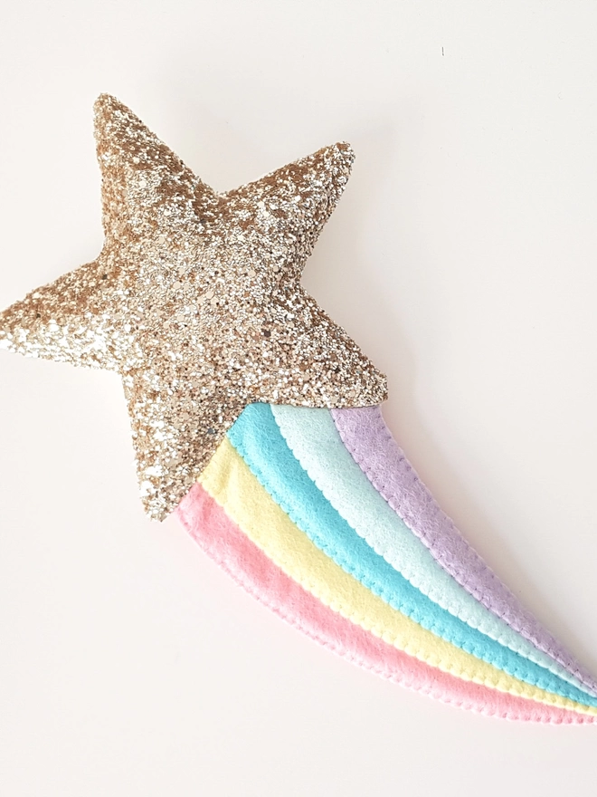 Gold glitter shooting star decoration with a pink, lemon, turquoise, mint and lilac tail