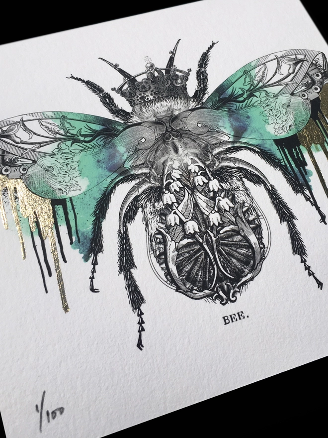 Queen bee limited edition giclee print hand finished with gold leaf - digital print