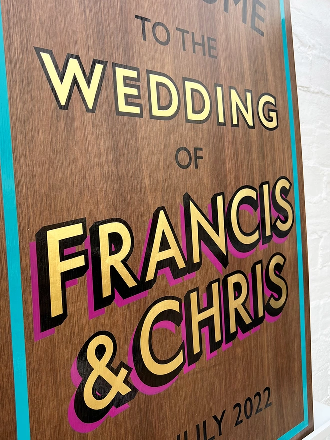 Wedding welcome sign with glossy hand painted letters with teal border and magenta drop shadow