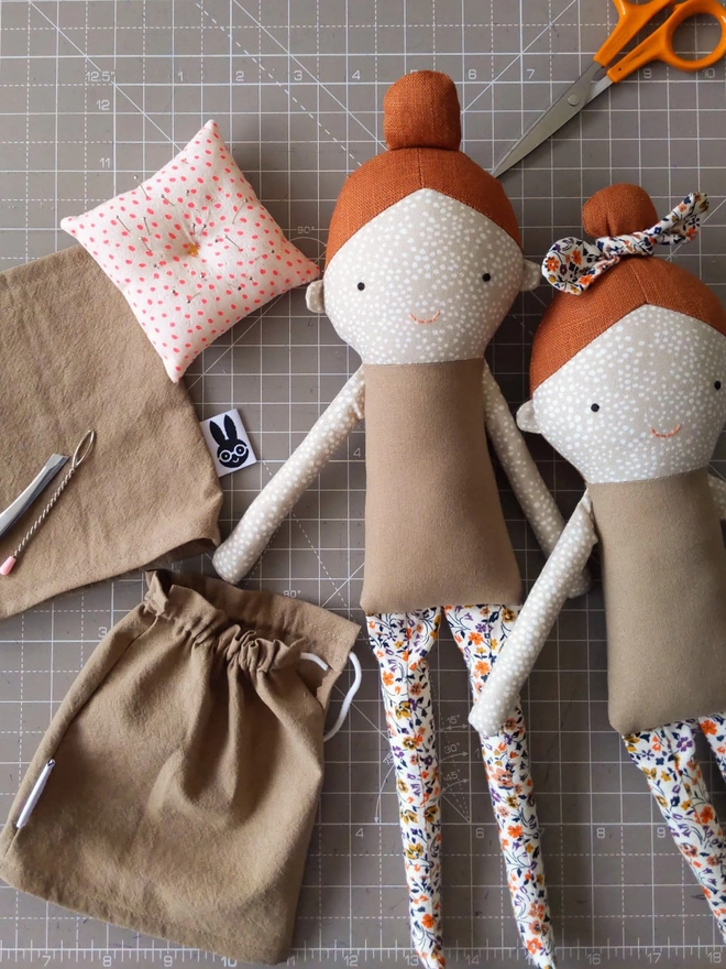 making of textile doll with ginger hair