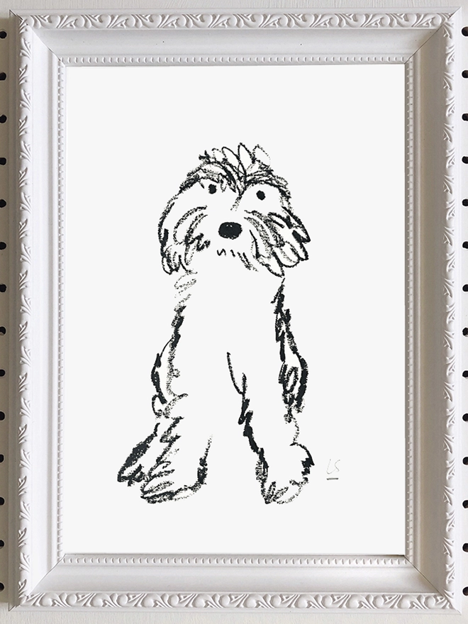 black and white line drawing of dog in white frame