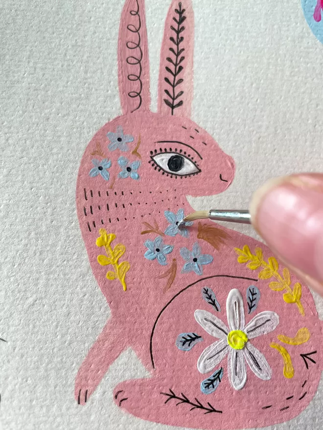 Painting pink rabbit used on Ruby & Bo happy hare plantable card