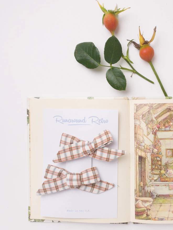 Rust Check Sets of Hair Clips for Girls handmade by Runaround