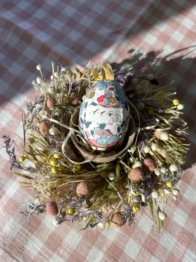 Personalised Liberty fabric decorative egg in Easter nest