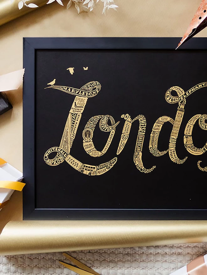London iconic typographic black and gold poster