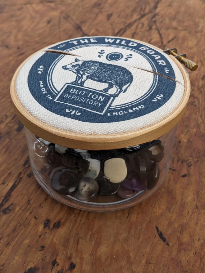 Blue 'Wild Boar' Button Jar showing buttons inside