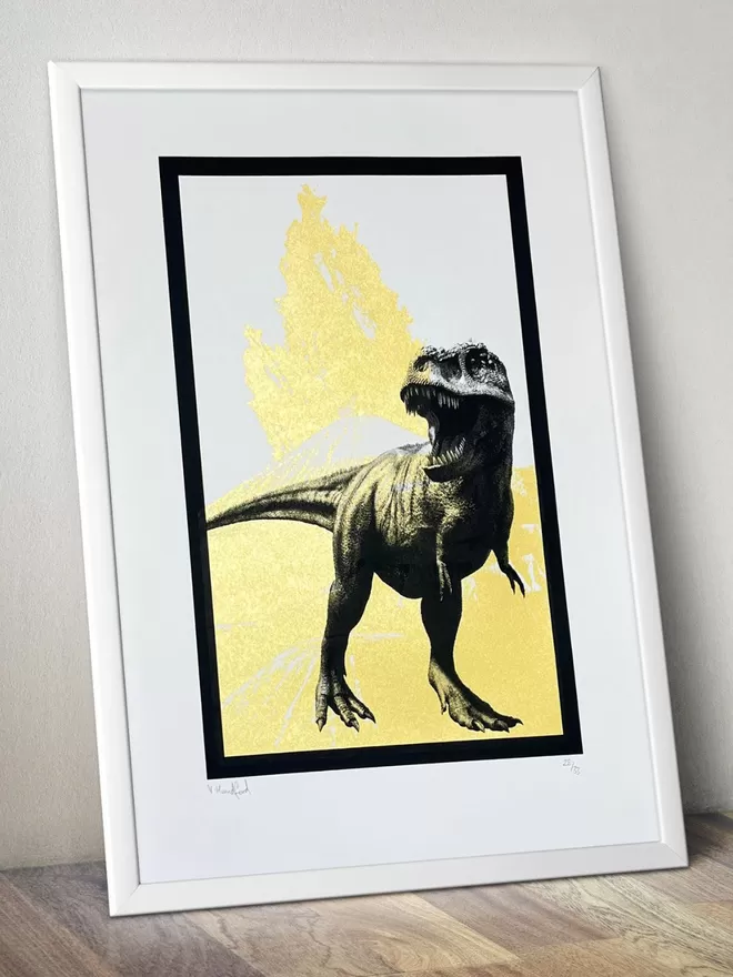 T Rex (Medium Gold) – Screen Printed Dinosaur Poster - mock up in a frame