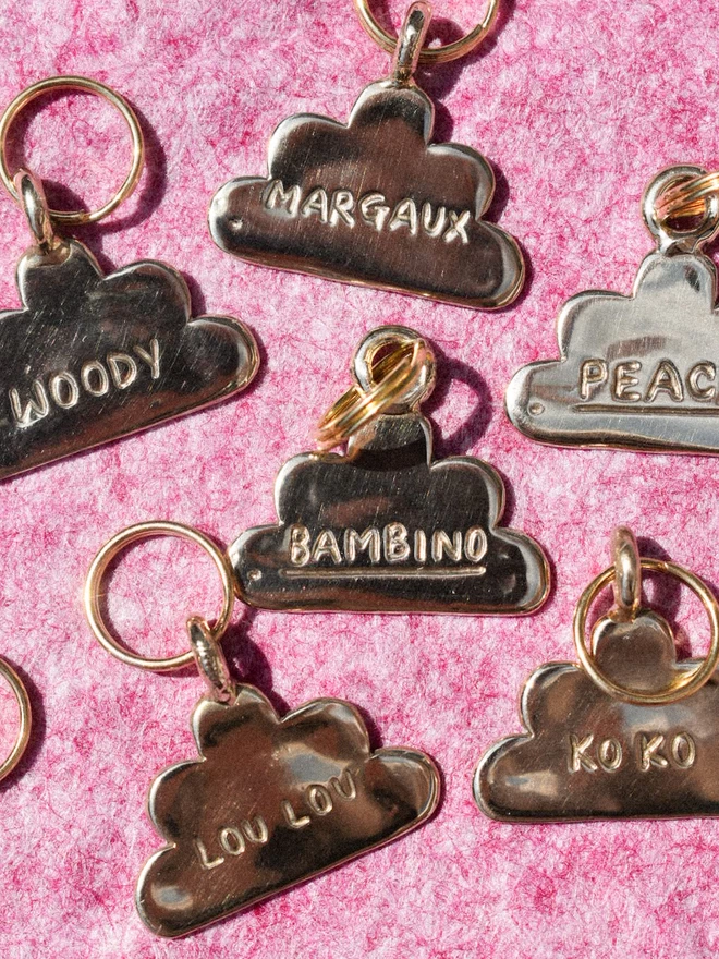 shiny brass pet tags in the shape of clouds lay on a pink background. each has a pets name engraved on the from and a brass split ring attached, ready for packing