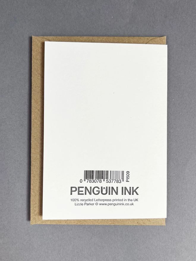 Back of the medium sized card showing the letterpress printed barcode and Penguin Ink logo