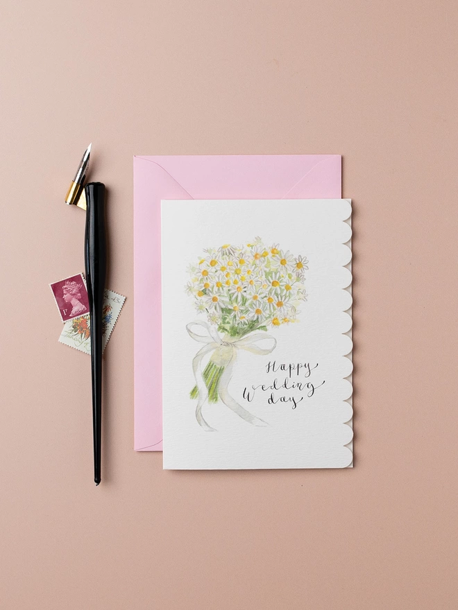 Daisy Bouquet Wedding Card with pen and stamps 