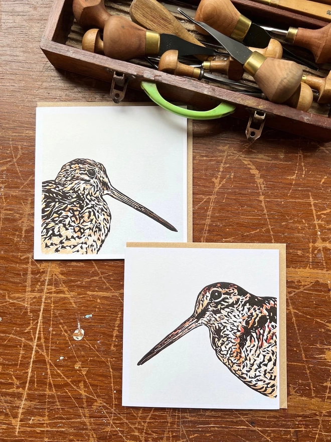 snipe and woodcock linocut art cards