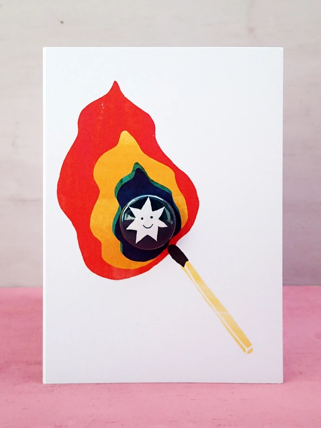 Match and flame Birthday card with star pin badge