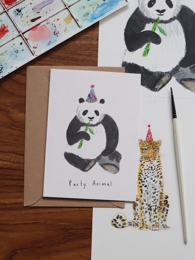 Panda Bear Greeting Card with Original Watercolour Illustration and Paint Palate 