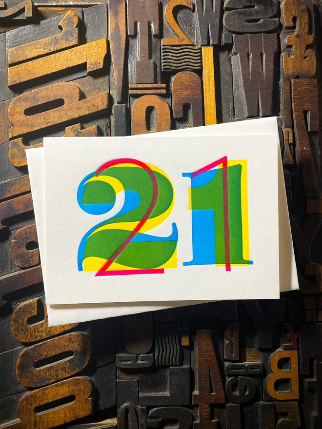 21st birthday anniversary typographic letterpress card. Deep impression print. Unique with no print being the same. They show slight colour variations adding to the style. Also available in other milestones : 1, 2, 3, 16, 18, 30, 40, 50, 60, 70, 80.