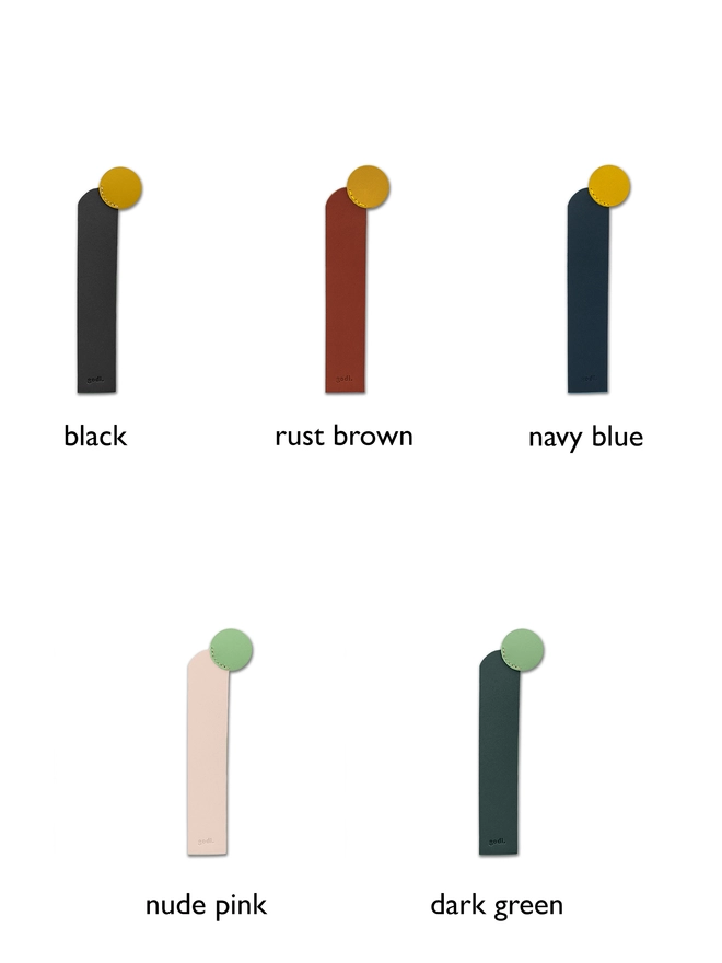 Colour Variations of the Bookmarks. Top row shows Black, Rust Brown and Navy Blue respectively. Bottom row shows Nude Pink and Dark Green respectively.
