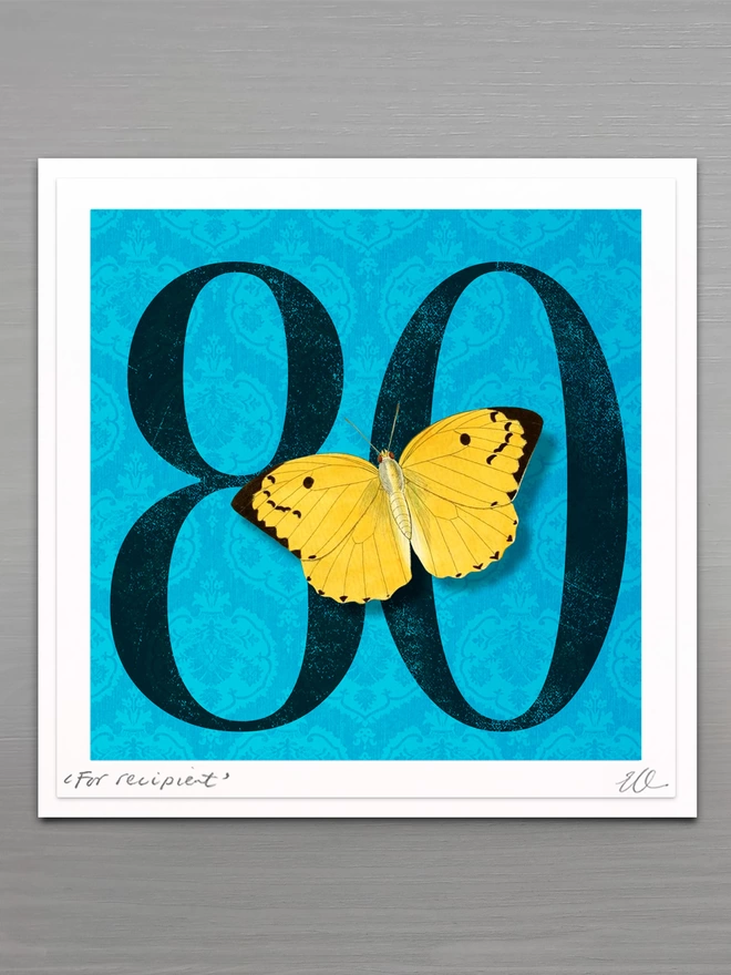 80th birthday butterflygram card with hand cut paper butterfly, personalised and signed