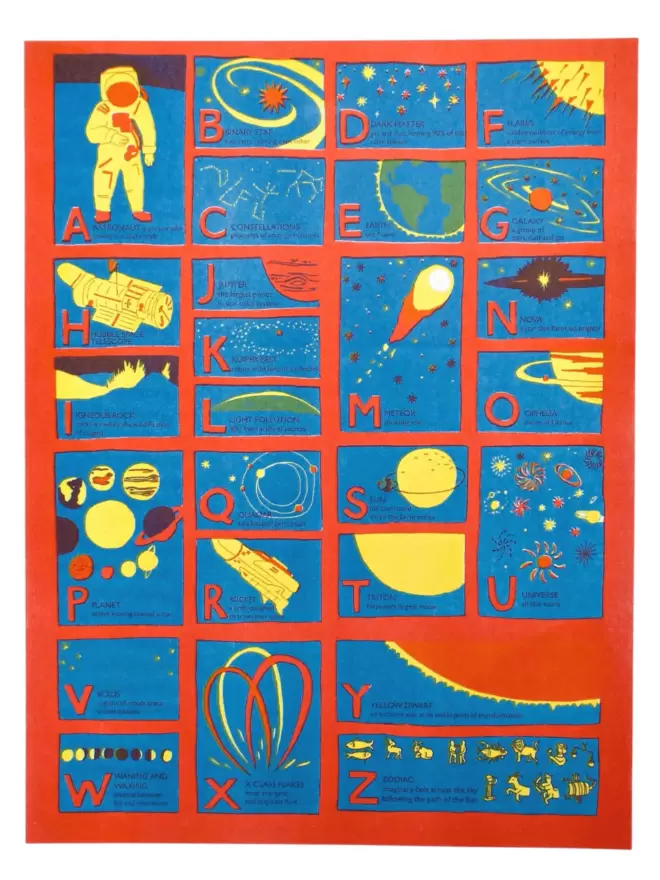 Full shot of image of red A-Z astronomy themed alphabet 