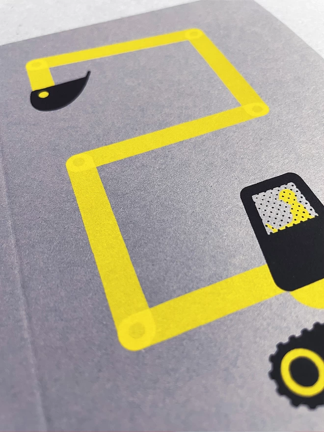 Close up detail of a digger making a number 2 with its digger arm, screenprinted in yellow and black ink on a grey card. 