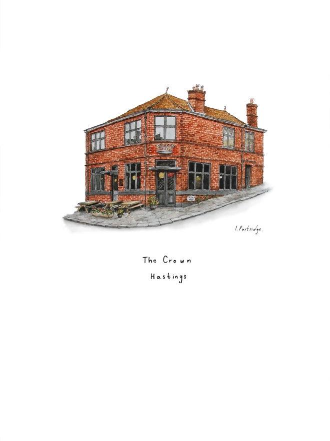 Watercolour illustration of The Crown in Hastings a beautiful brick fronted pub with a characterful appearance and a metalwork crown sitting above the entrance door. The small intricate illustration sits on a white background. 
