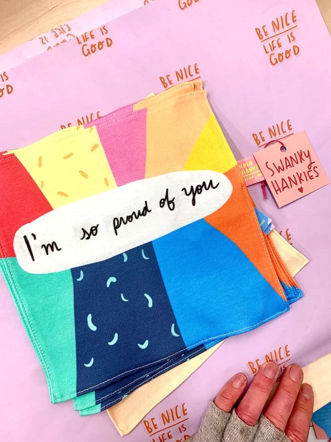 Soft organic cotton hanky reads 'I'm so proud of you'