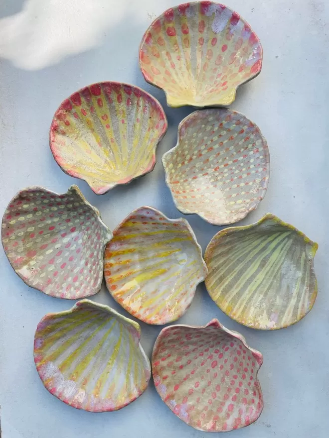 Cluster of Pink and Yellow Handpainted Ceramic Scallop Dish 