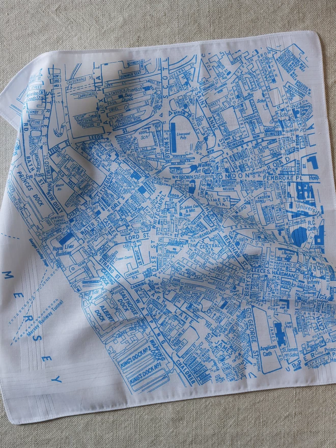 A sky blue screenprinted Liverpool map hankie