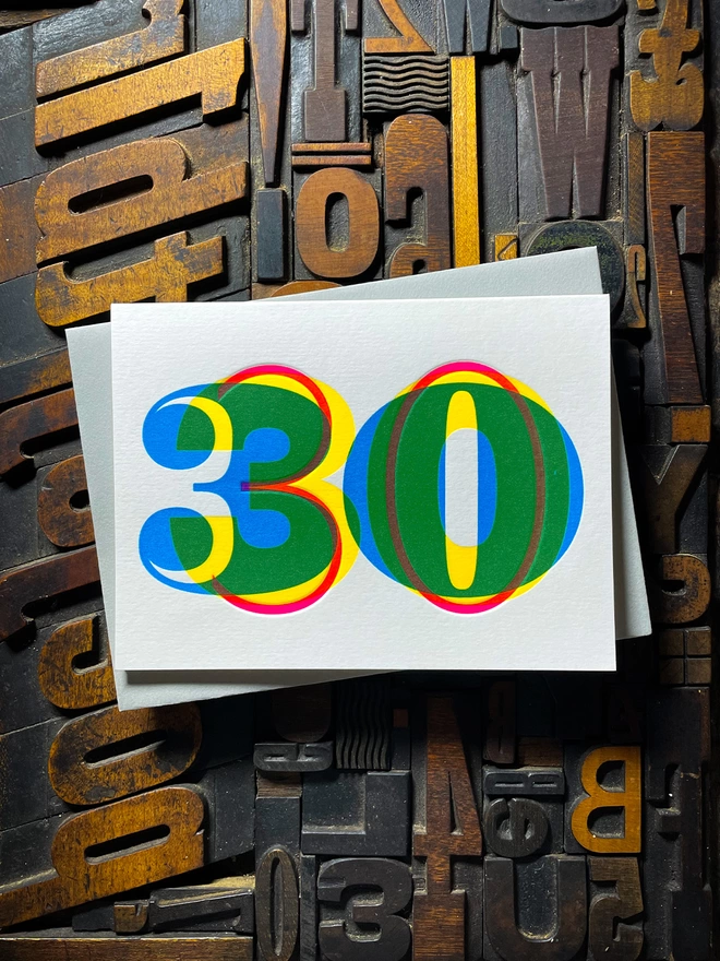 30th birthday anniversary typographic letterpress card. Deep impression print. Unique with no print being the same. They show slight colour variations adding to the style. Also available in other milestones : 1, 2, 3, 16, 18, 30, 40, 50, 60, 70, 80.