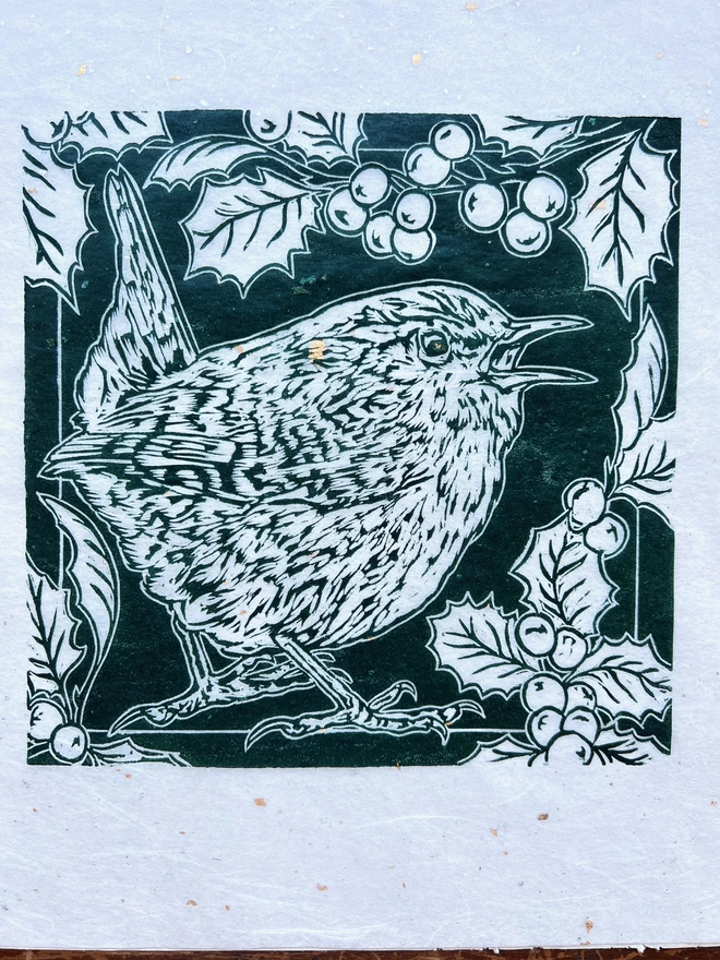 holly and wren linocut 