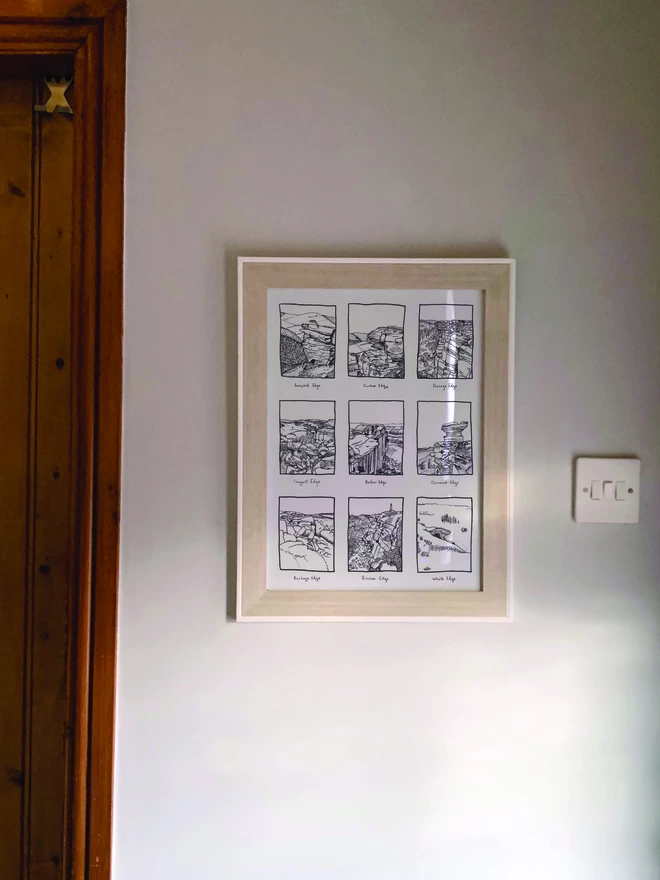 a print featuring an fine line illustration of nine edges of the peak district in a frame on the wall