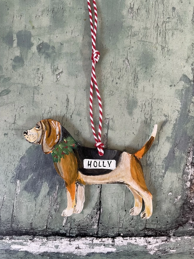 Beagle dog Christmas decoration shown personalised with the dog's name