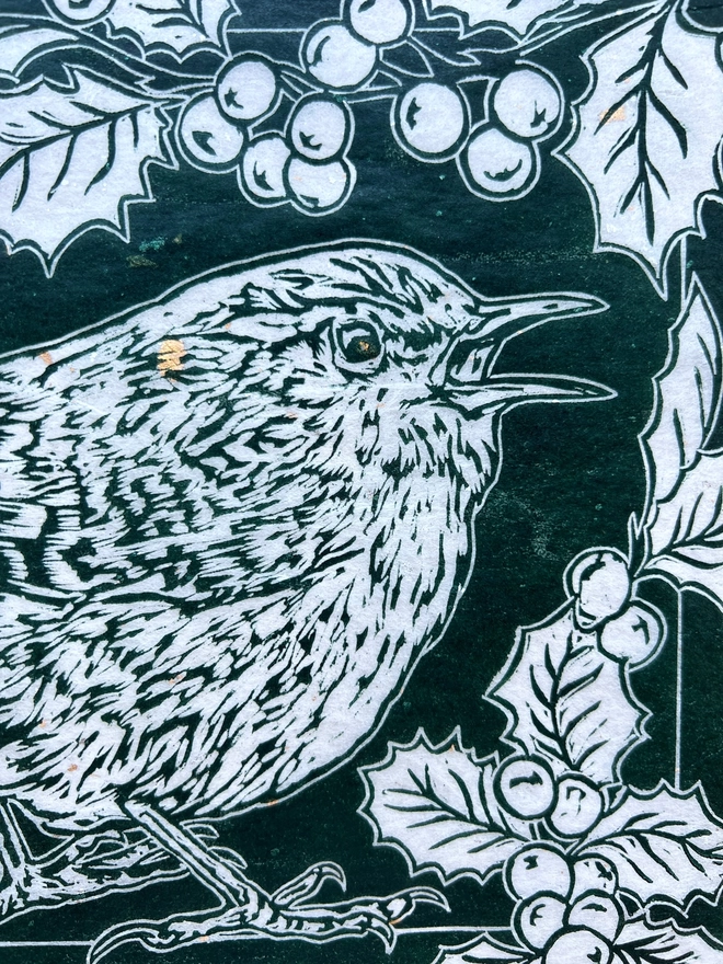 holly and wren linocut detail